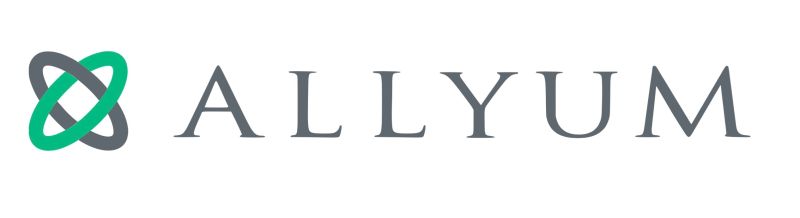 Allyum Logo Allyum avec un symbole entrelacé gris et vert à gauche du nom écrit en lettres majuscules grises.