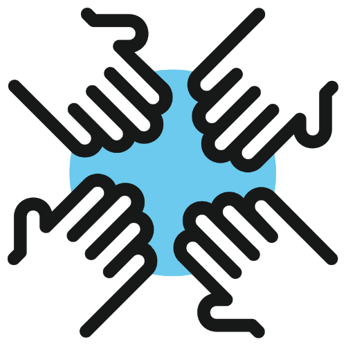 Quatre mains noires stylisées pointent vers un cercle bleu au centre de l'image.