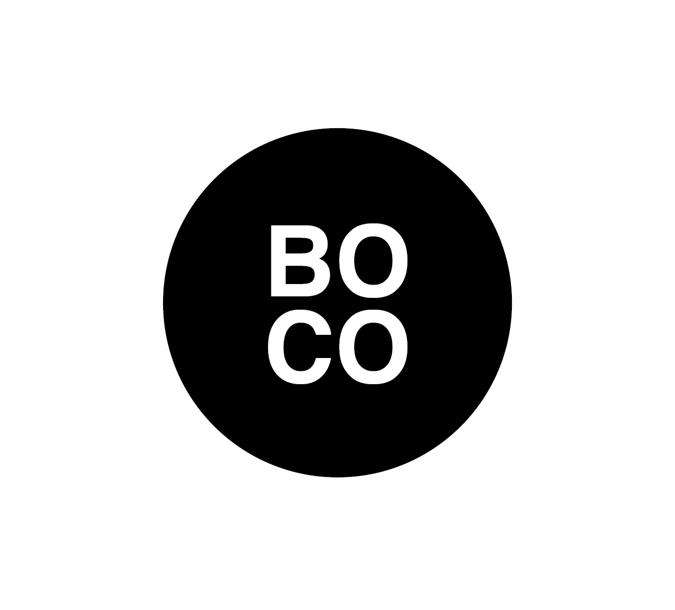 Boco Logo noir avec les lettres blanches "BO" en haut et "CO" en bas, sur fond blanc.