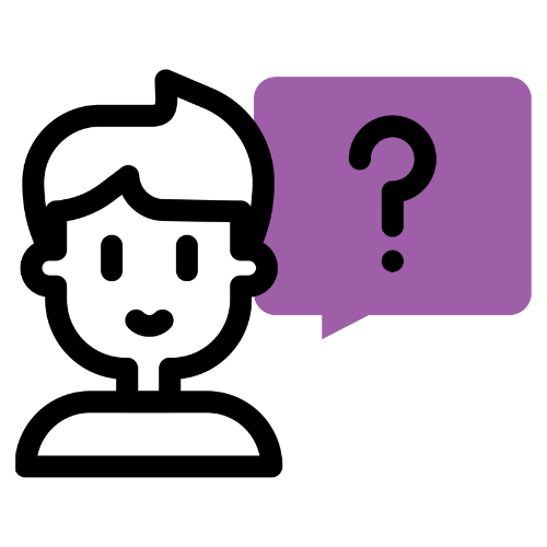 Une bulle de dialogue violette avec un point d'interrogation à l'intérieur, placée à côté d'une silhouette noire.