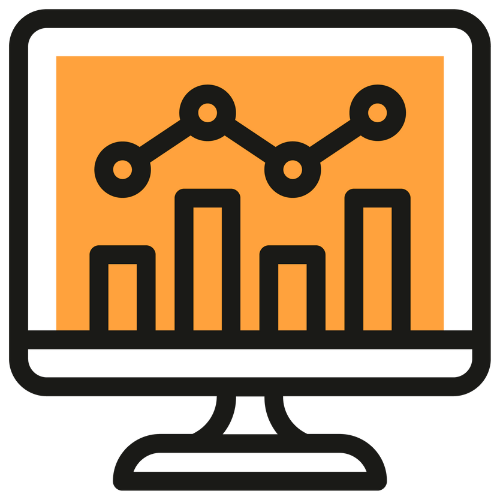 Ordinateur affichant un graphique avec des barres noires et une ligne de tendance sur fond orange.