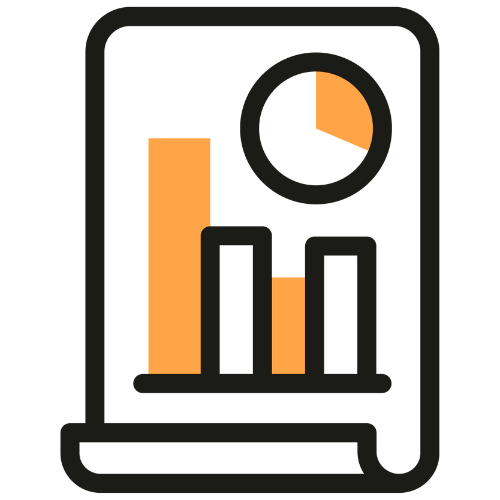 Graphique à barres orange et diagramme circulaire sur un document enroulé noir.