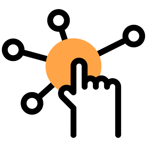 Logo avec un cercle orange et une forme noire stylisée en son centre, représentant une lettre ou un symbole abstrait.