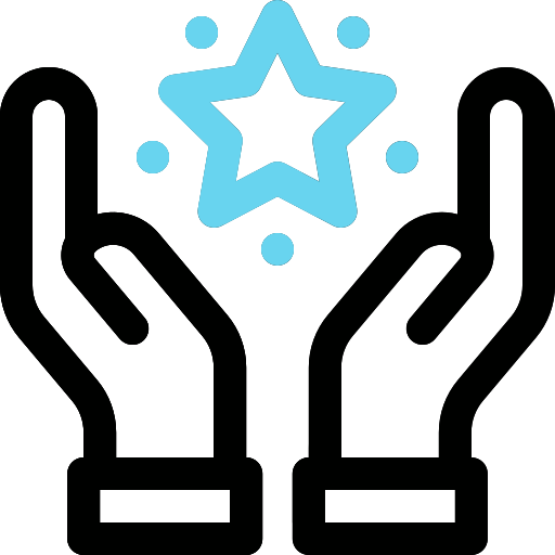 Deux mains noires entourent une étoile bleue stylisée avec des points bleus autour, sur fond transparent.