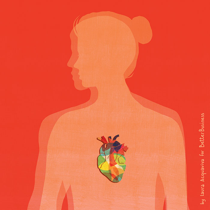 Silhouette d'une personne de profil sur fond rouge avec un cœur multicolore stylisé au centre de la poitrine.