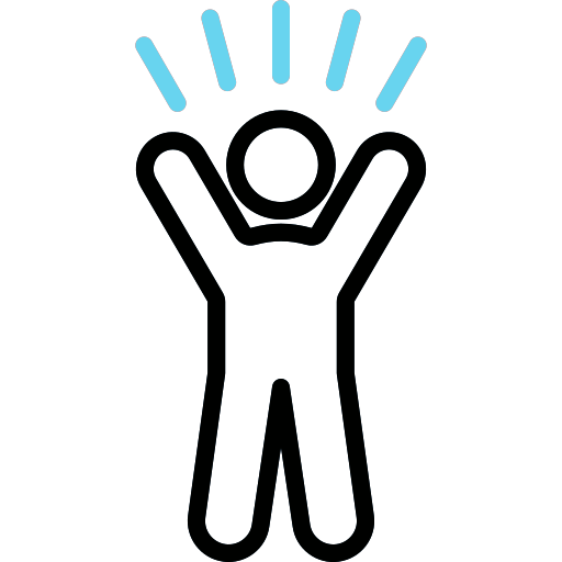 Icône d'une silhouette noire avec les bras levés, entourée de lignes bleues verticales vers le haut.