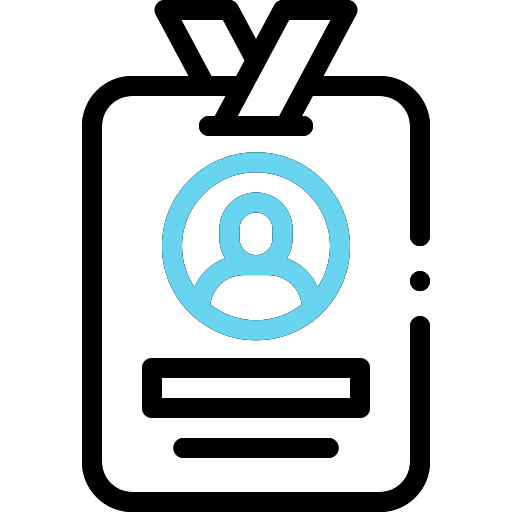 Icône représentant un badge d'identification avec une silhouette humaine bleue sur fond blanc, entourée d'un contour noir.