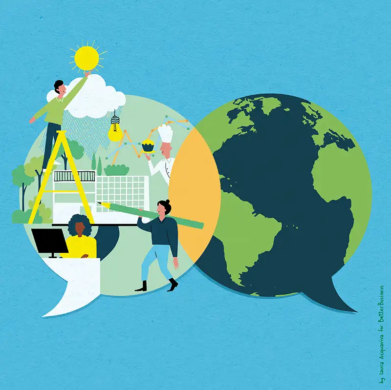 Illustration de personnes travaillant dans des bulles de dialogue, avec une échelle, un ordinateur et la Terre sur fond bleu.