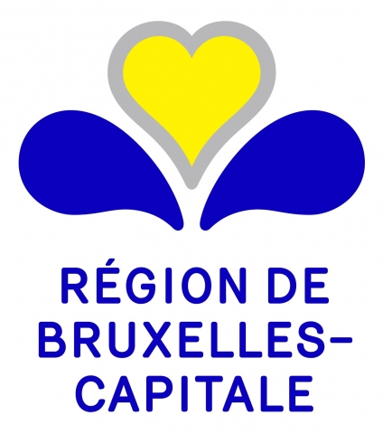 Logo de la Région de Bruxelles-Capitale avec un cœur jaune bordé de gris et deux formes bleues en dessous.