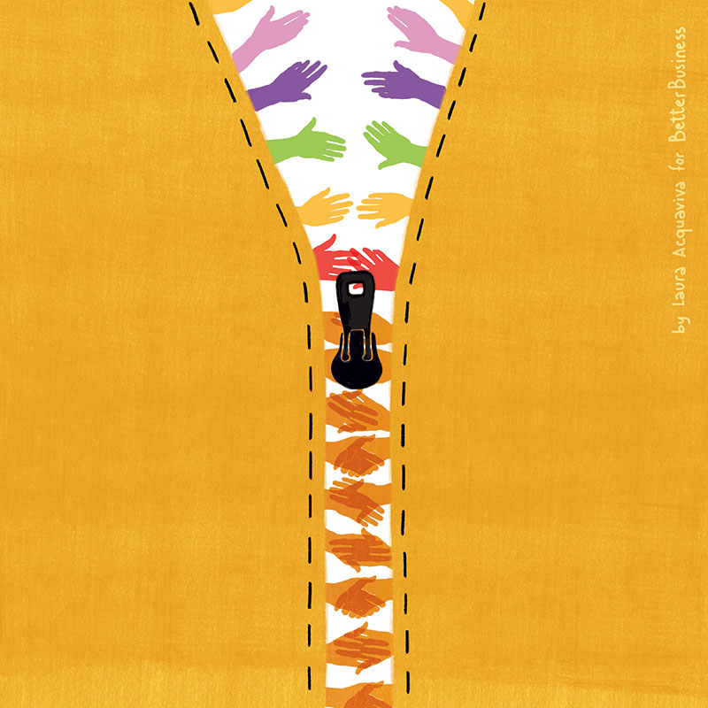 Un zip noir ouvre un tissu jaune, révélant des silhouettes de mains colorées en arrière-plan.