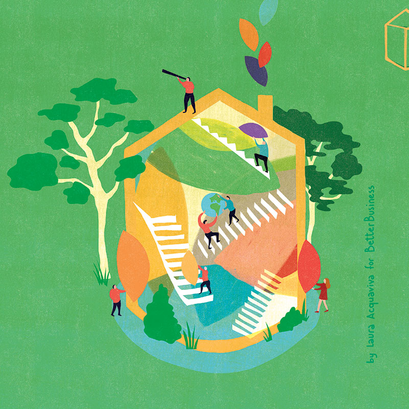 Des personnages montent des escaliers blancs dans une maison stylisée entourée d'arbres verts, avec un fond vert vif.