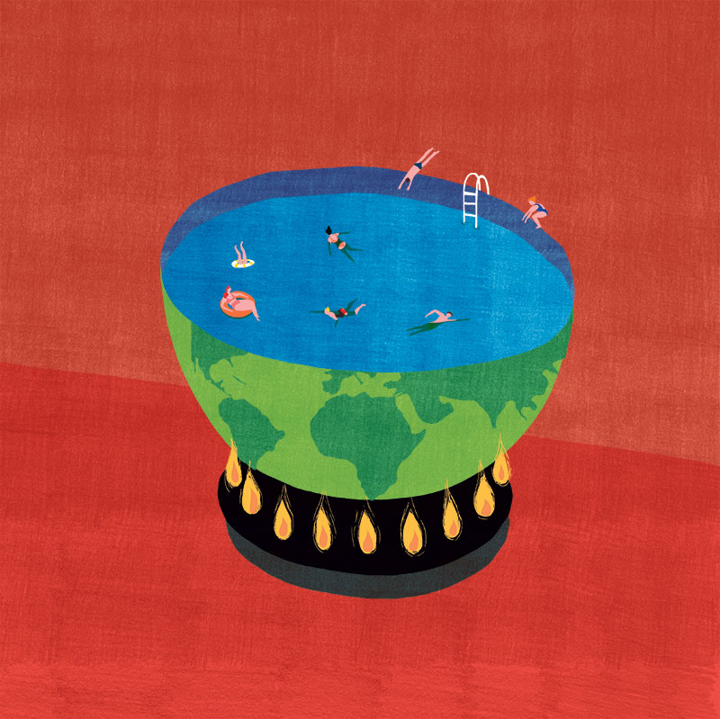 Une Terre en forme de bol contenant de l'eau où des personnes nagent, posée sur un réchaud avec des flammes.