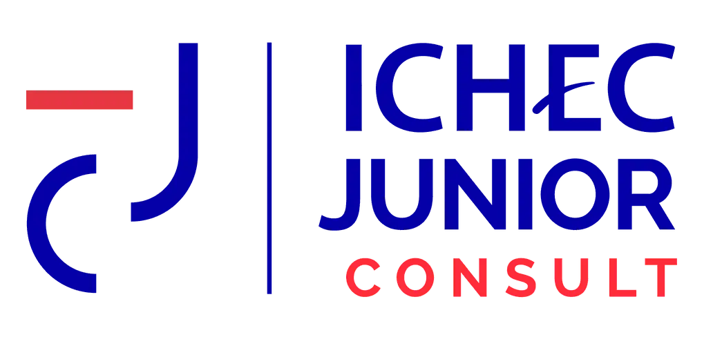 ichec-junior Logo de l'ICHEC Junior Consult en bleu avec un élément graphique rouge sur fond transparent.