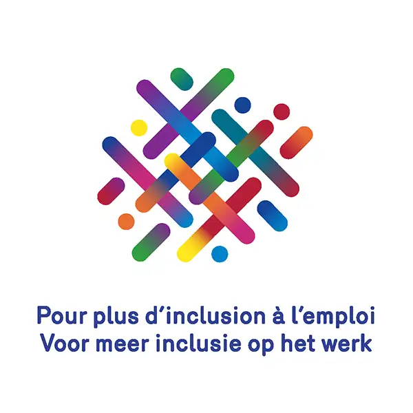 Logo multicolore avec des lignes entrecroisées sur fond blanc, accompagné du texte "Pour plus d'inclusion à l'emploi".