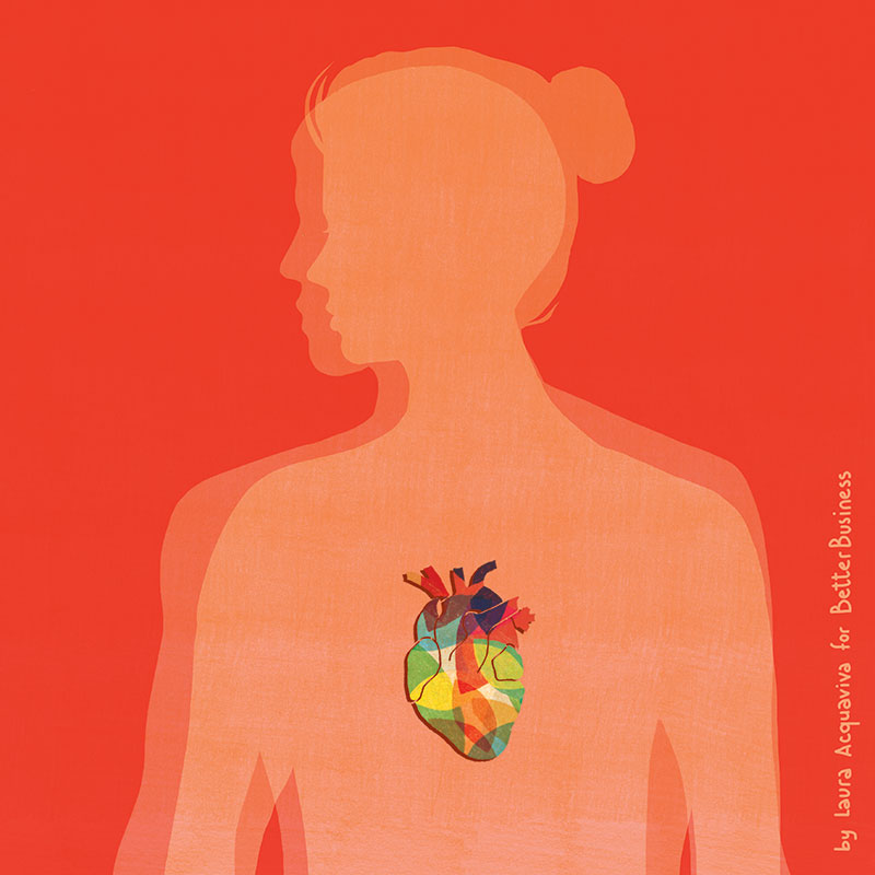 Silhouette orange d'une personne sur fond rouge avec un cœur stylisé multicolore au centre de la poitrine.