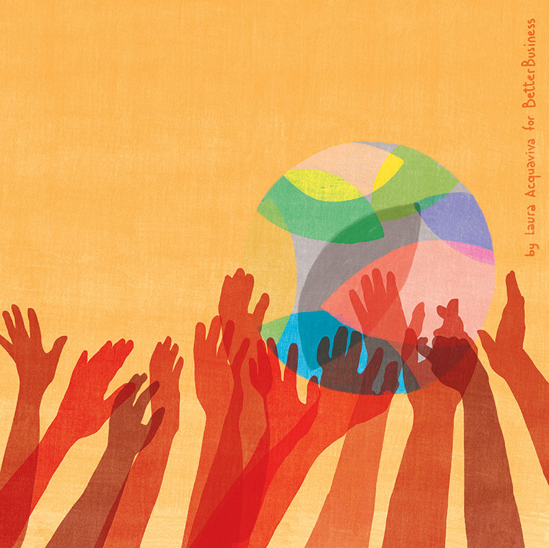 Des silhouettes de mains rouges levées vers une sphère colorée sur fond orange.